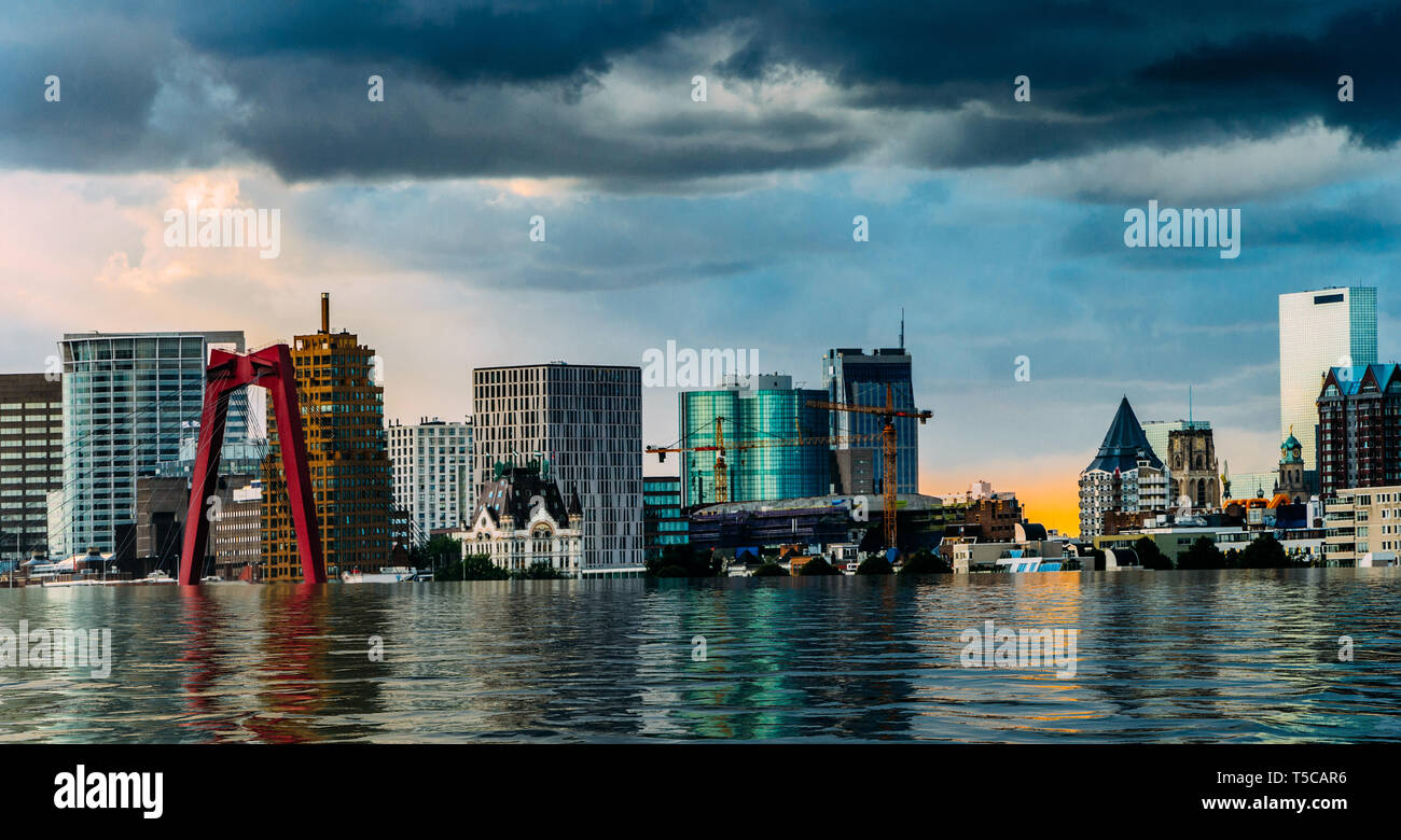 Manipolazione digitale di allagamento del Rotterdam, Paesi Bassi skyline del centro - il riscaldamento globale concetto Foto Stock