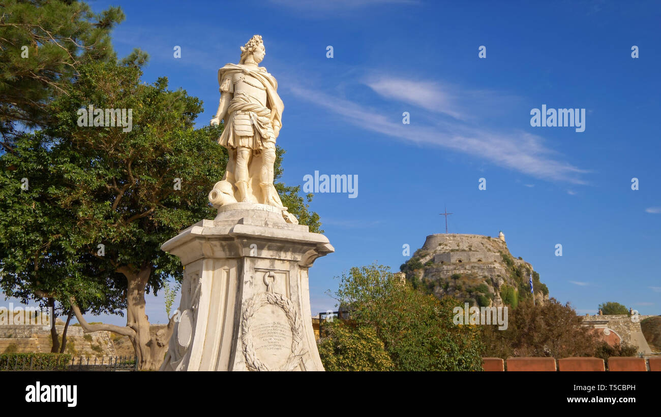 Statua del generale Schulenburg, Fortezza Vecchia, Corfù, Grecia Foto Stock