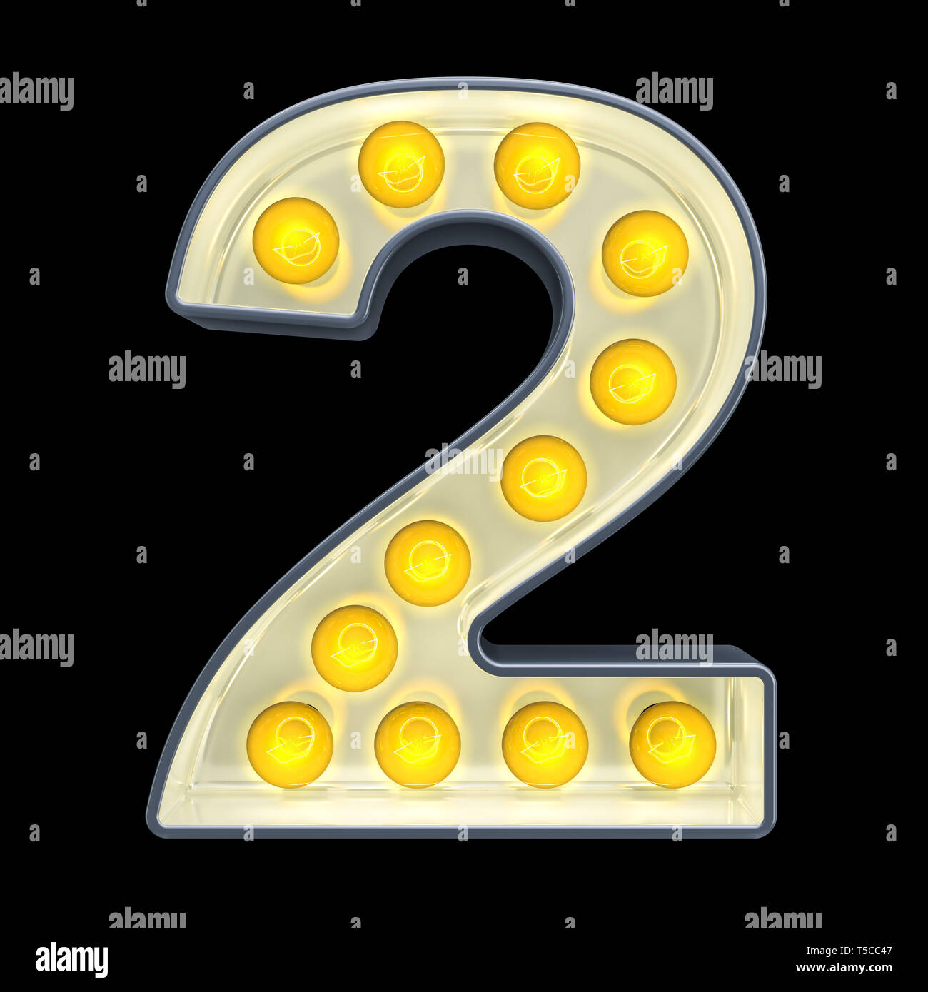 Lampadina numero 2, retro incandescente font. 3D rendering isolati su sfondo nero Foto Stock