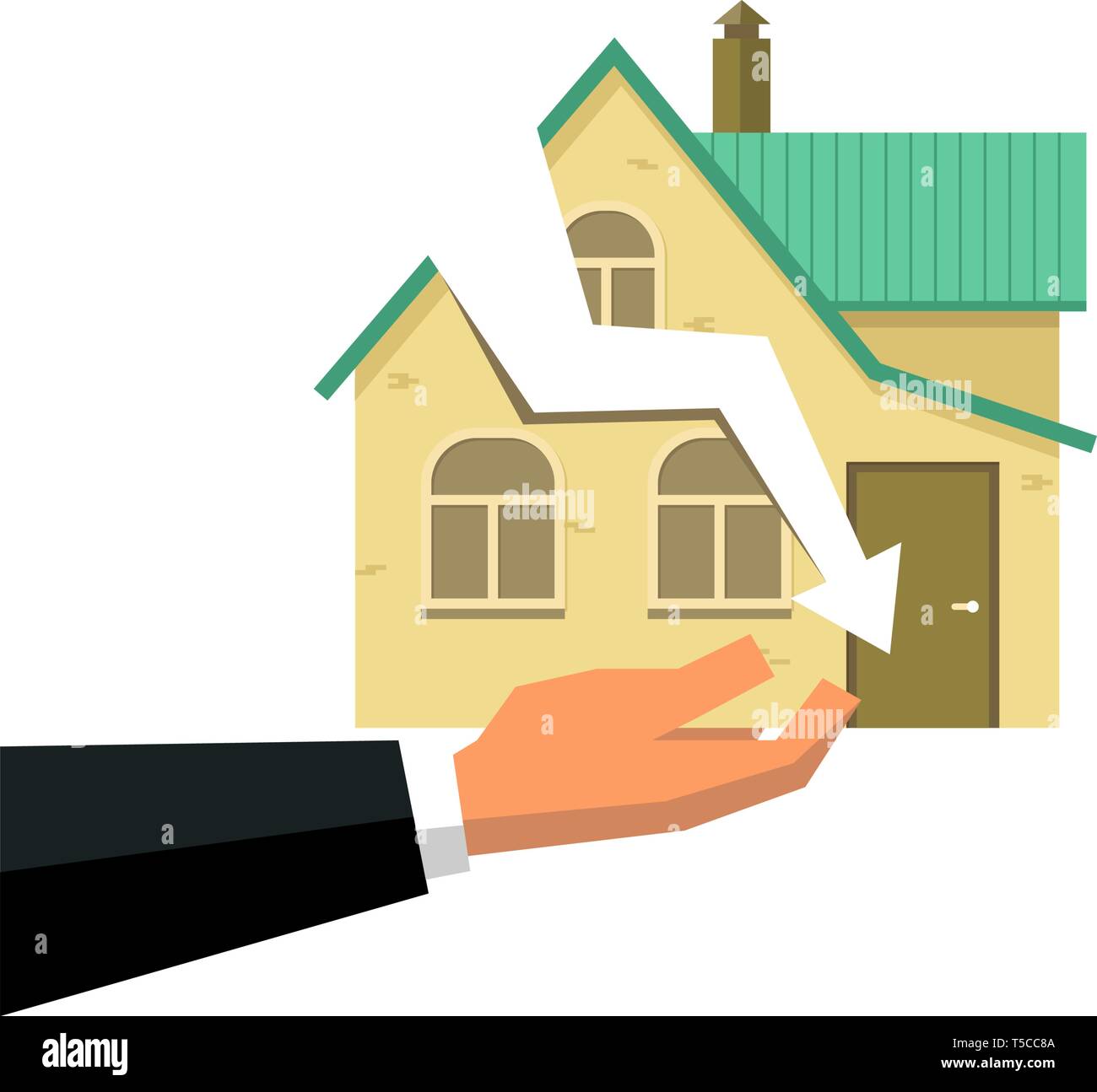 Imprenditore mano trattiene house con crepa sulla parete come grafico freccia cadere. Alloggiamento di crash del mercato, il concetto di investimento o a basso prezzo di denaro per acquistare Illustrazione Vettoriale