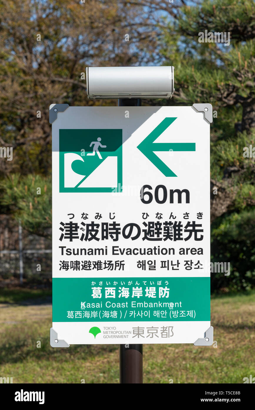 Tsunami zona di evacuazione segno,Kasai Rinkai Park, Edogawa-Ku, Tokyo, Giappone Foto Stock