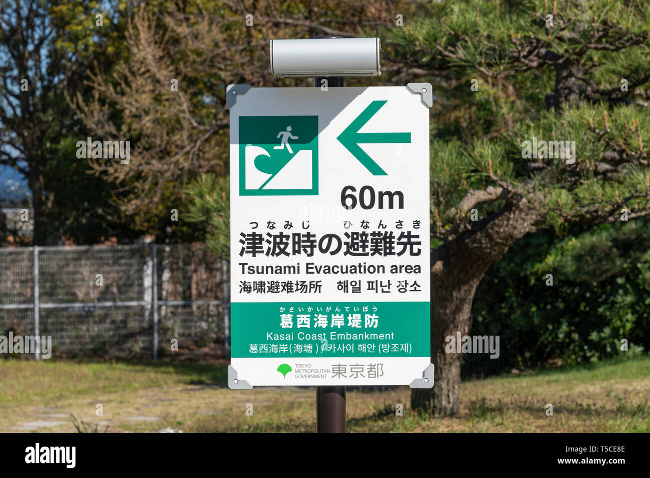 Tsunami zona di evacuazione segno,Kasai Rinkai Park, Edogawa-Ku, Tokyo, Giappone Foto Stock