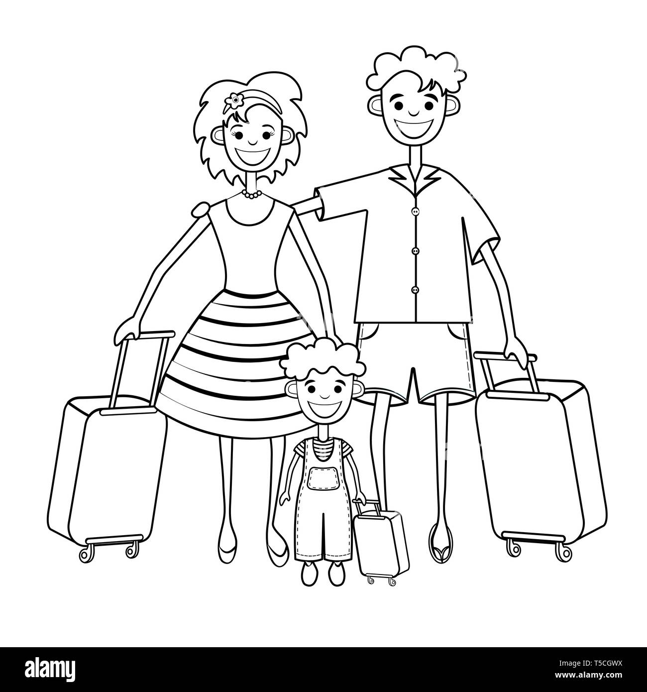 Famiglia va in vacanza, colorazione, silhouette, in bianco e nero disegno lineare. Delineare il padre, la madre e il bambino con la valigia viaggio vacanza, iso Illustrazione Vettoriale