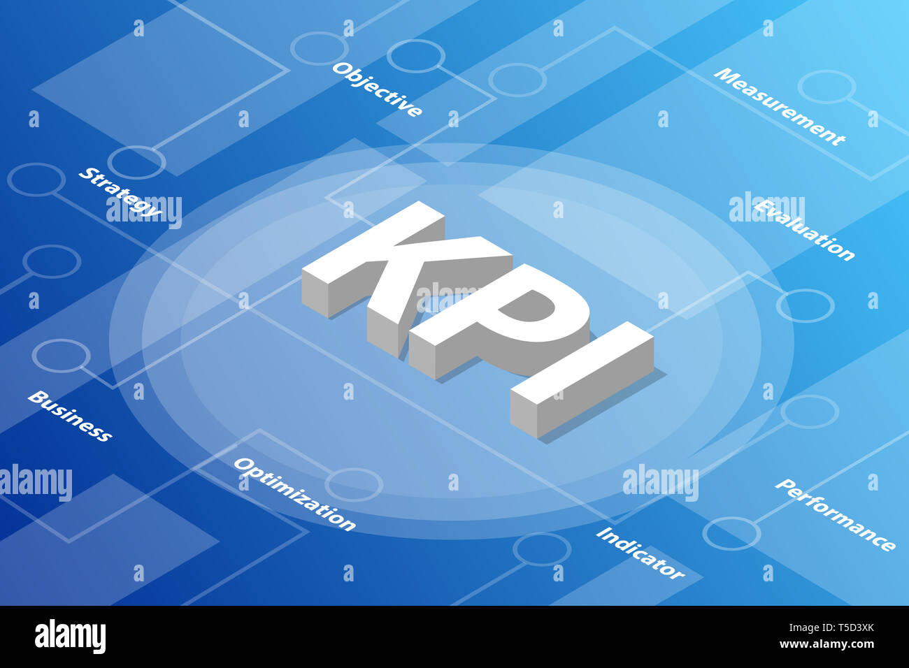 I KPI indicatore di prestazioni chiave isometrica, 3d parola concetto di testo con alcune relative testo e dot collegato - illustrazione vettoriale Foto Stock
