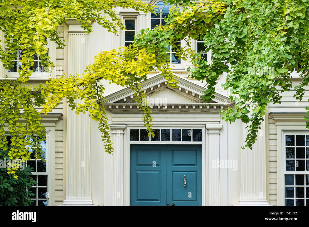Affascinante casa coloniale dettagli esterni, Stonington, Connecticut, Stati Uniti d'America. Foto Stock