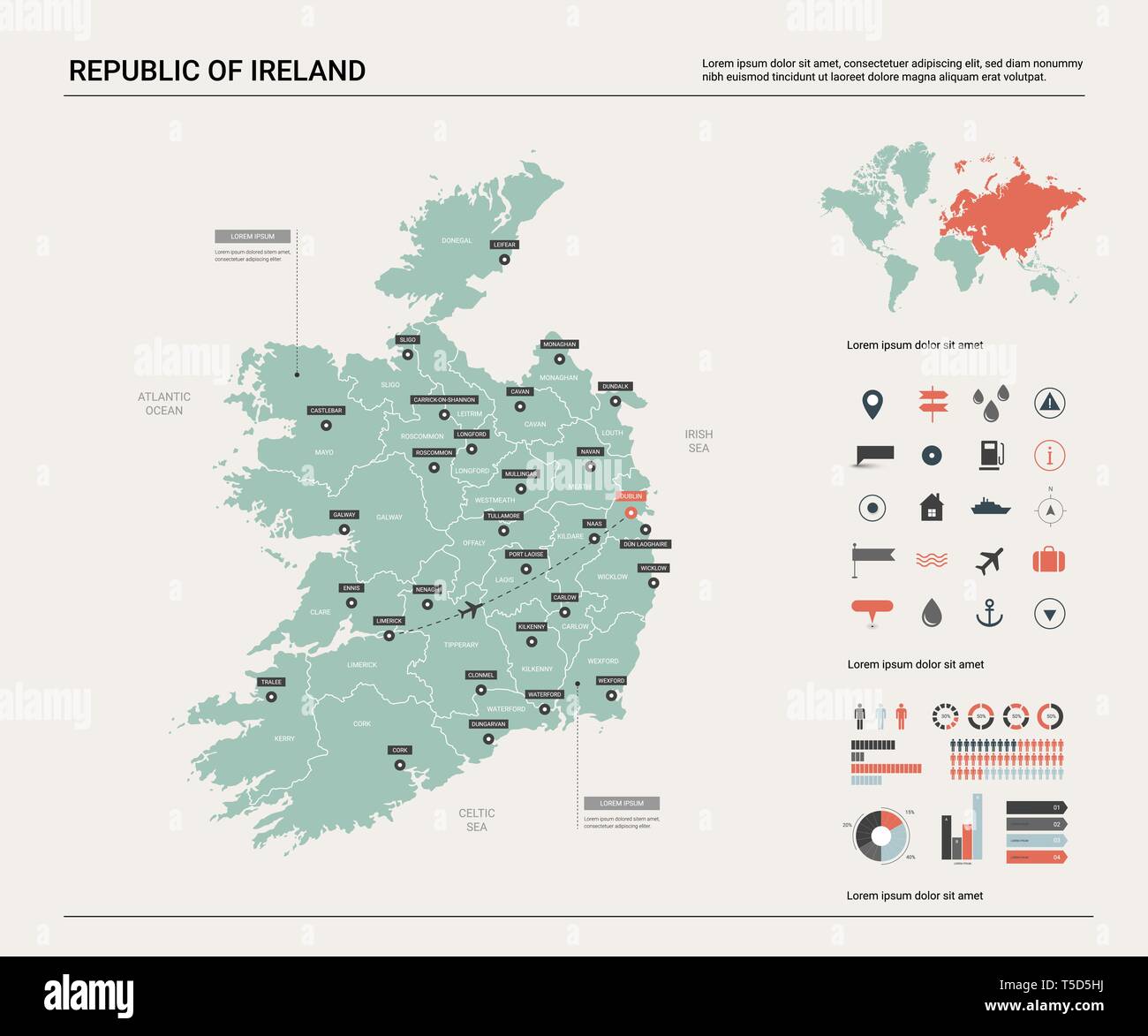 Mappa vettoriale della Repubblica di Irlanda. Alta dettagliata mappa del paese con la divisione, la città e la capitale Dublino. Mappa politico, mappa del mondo, elementi infografico Illustrazione Vettoriale