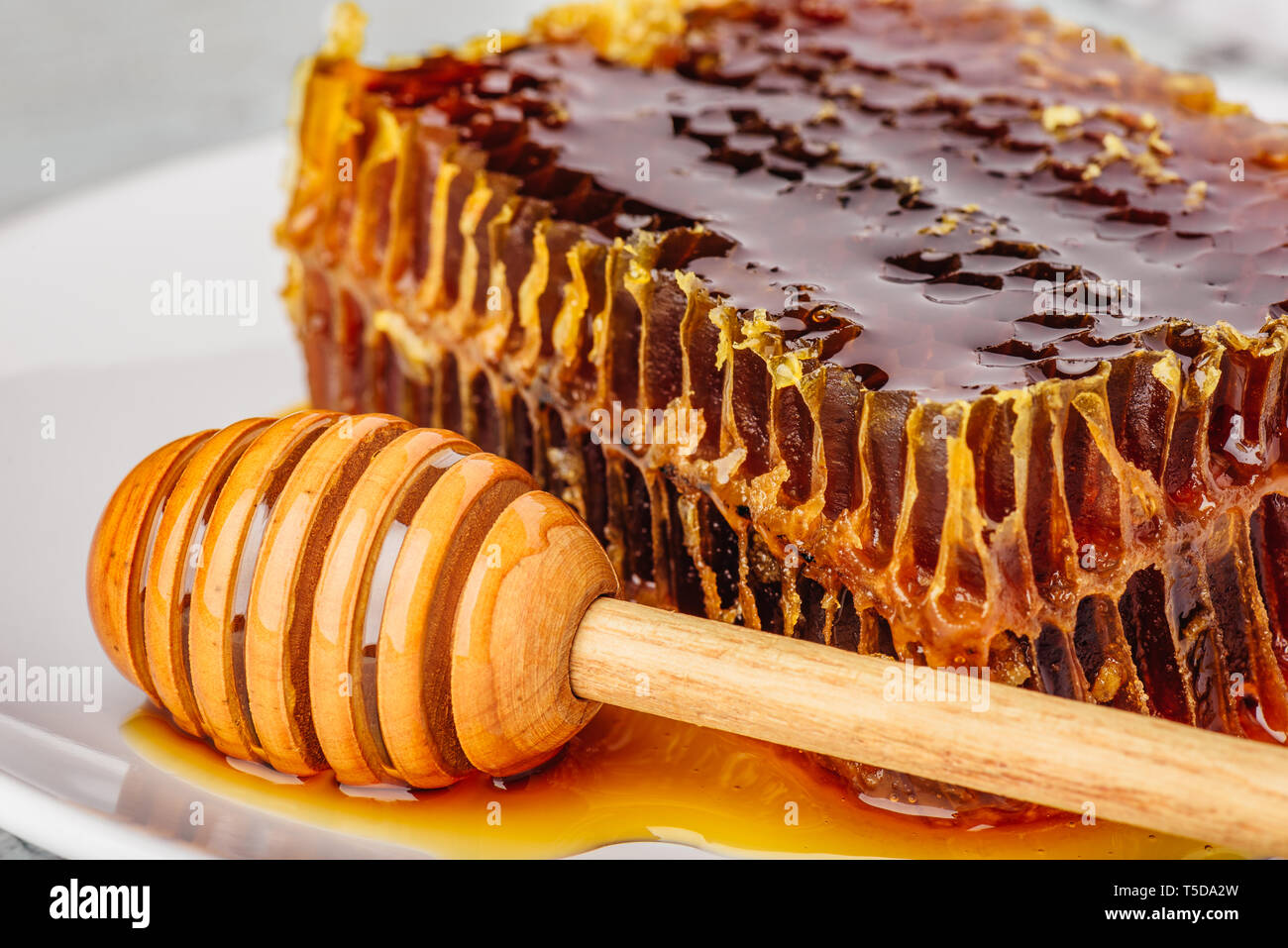 Delizioso nido sulla piastra bianca con miele di legno bilanciere Foto Stock