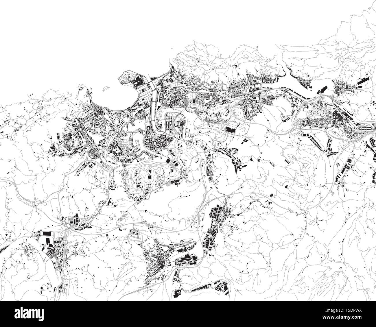 Mappa satellitare di San Sebastián o Donostia, è una città costiera, Spagna. Mappa di strade e di edifici del centro storico. Europa Illustrazione Vettoriale
