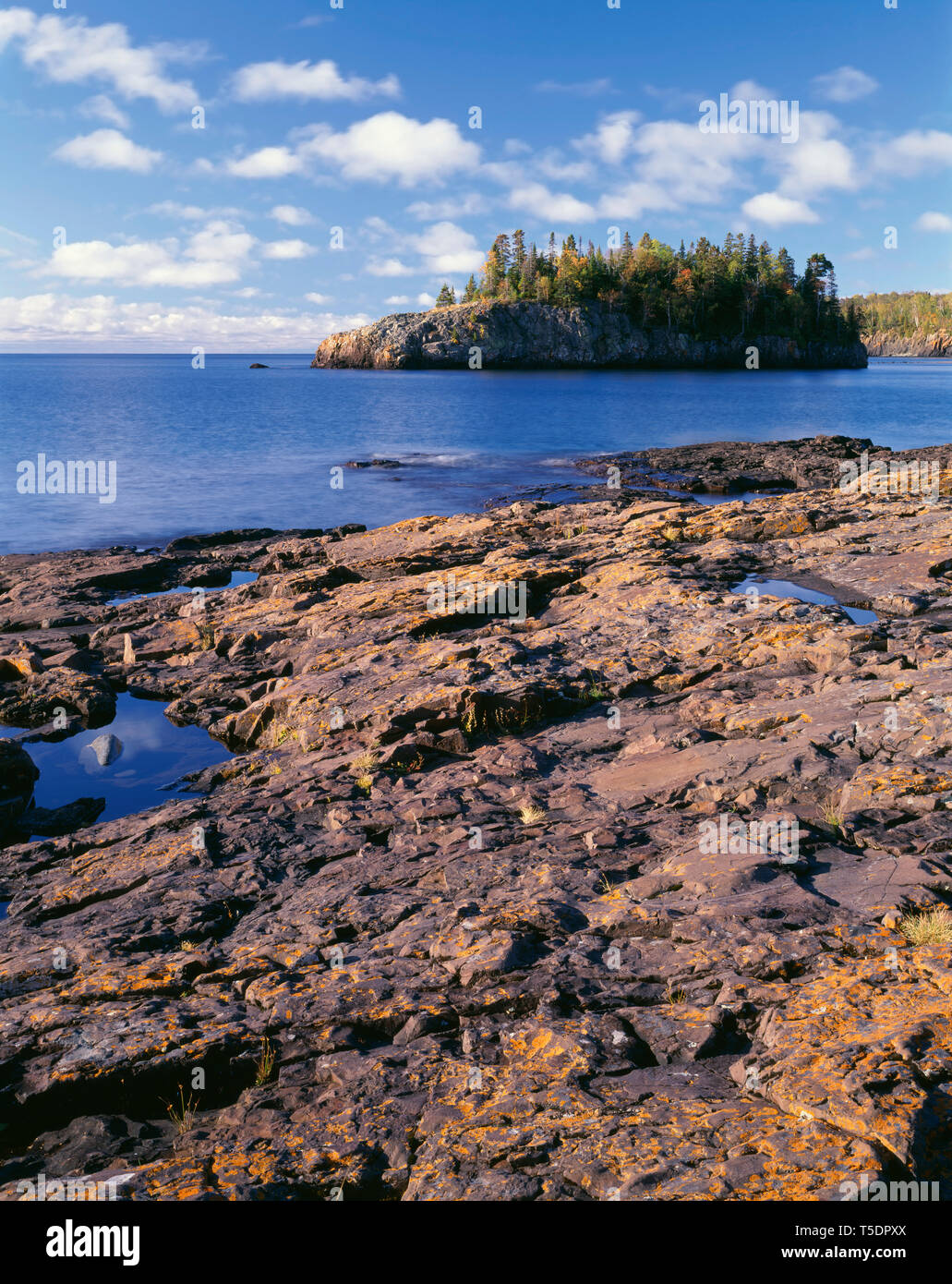 Stati Uniti d'America, Minnesota, Split Faro Rock State Park, rocciosa, lichen coperte riva occidentale del Lago Superior e la piccola isola. Foto Stock