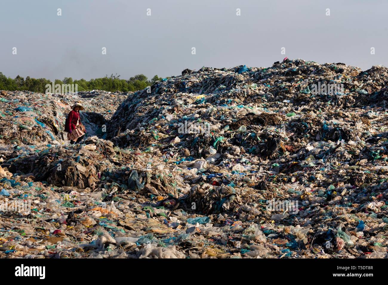 Garbage Collector in discarica di rifiuti con immondizia di plastica, Choeung Ek, Phnom Penh Cambogia Foto Stock