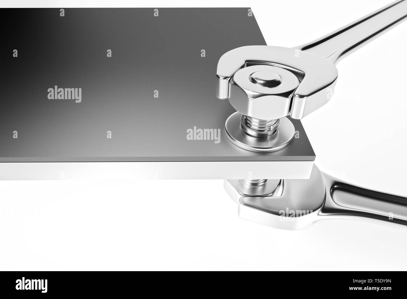 La chiave con il dado e il bullone su sfondo bianco. Il rendering 3D Foto Stock