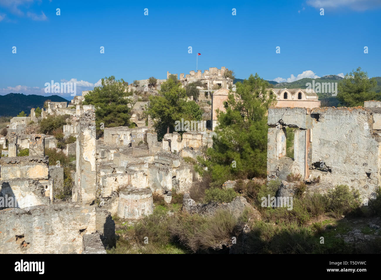 Abbandonato il villaggio greco di Kayakoy, Turchia. Foto Stock