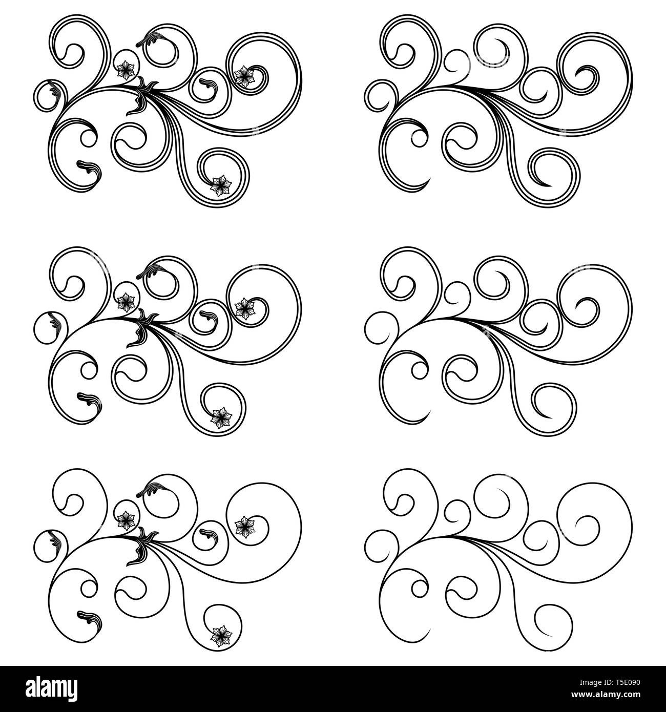 Set di sei swirl design floreale elementi con foglie e fiori, illustrazione vettoriale Illustrazione Vettoriale