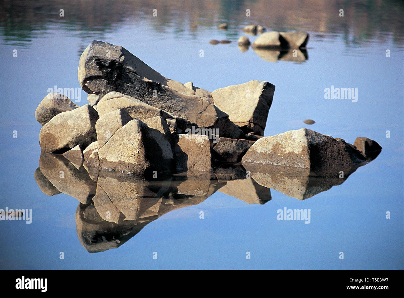 Gruppo di pietre si riflette nelle calme acque del fiume, Gujarat, India, Asia Foto Stock