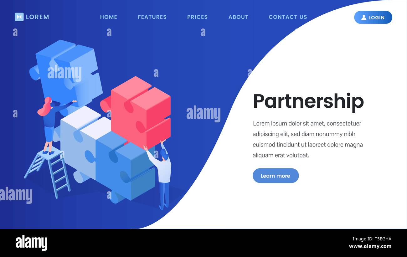 Accordo di partenariato, il lavoro di squadra vettore isometrica landing page. I programmatori brainstorming, coworking, gli sviluppatori di soluzioni di ricerca web 3D modello di pagina di intestazione. Processo creativo, puzzle illustrazione di assemblaggio Illustrazione Vettoriale