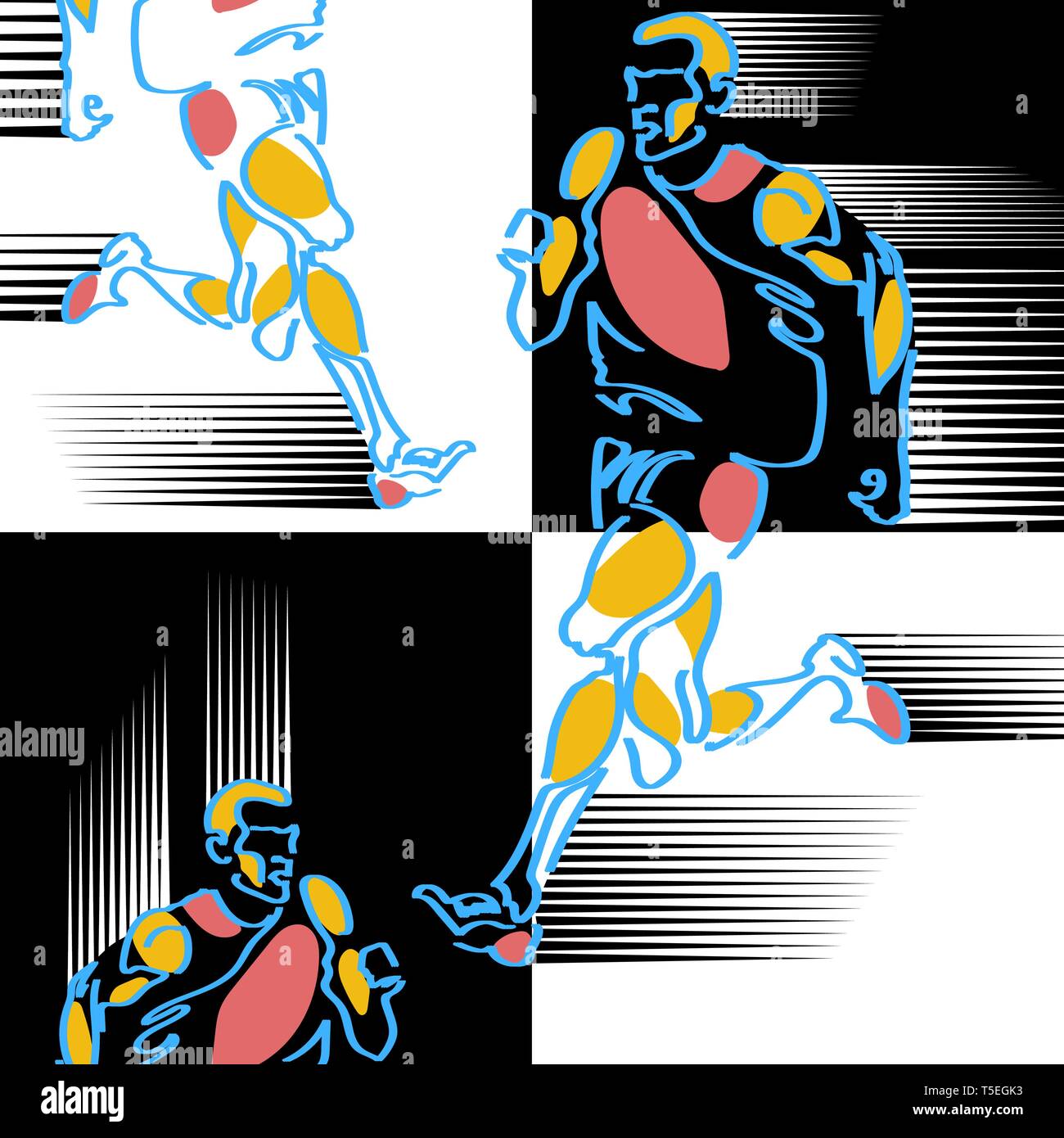 Nella illustrazione vettoriale dedicato allo sport, quadrati di una scacchiera e pittoresco, disegnati a mano silized figure di atleti sono combinati.Il contrasto Illustrazione Vettoriale