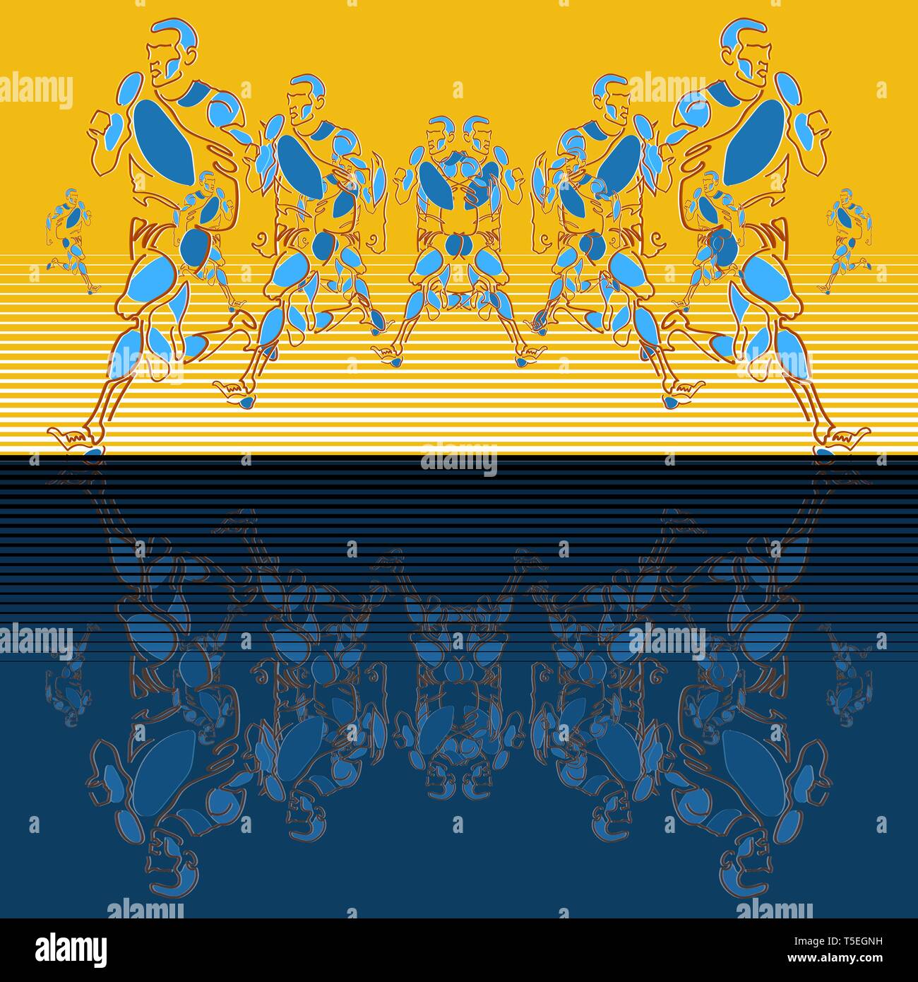 Vettore modello lineare delle figure stilizzate di atleti con l uso di passo e zoom, riflessione. Creato effetto prospettico. Può essere usato come un banner, Illustrazione Vettoriale