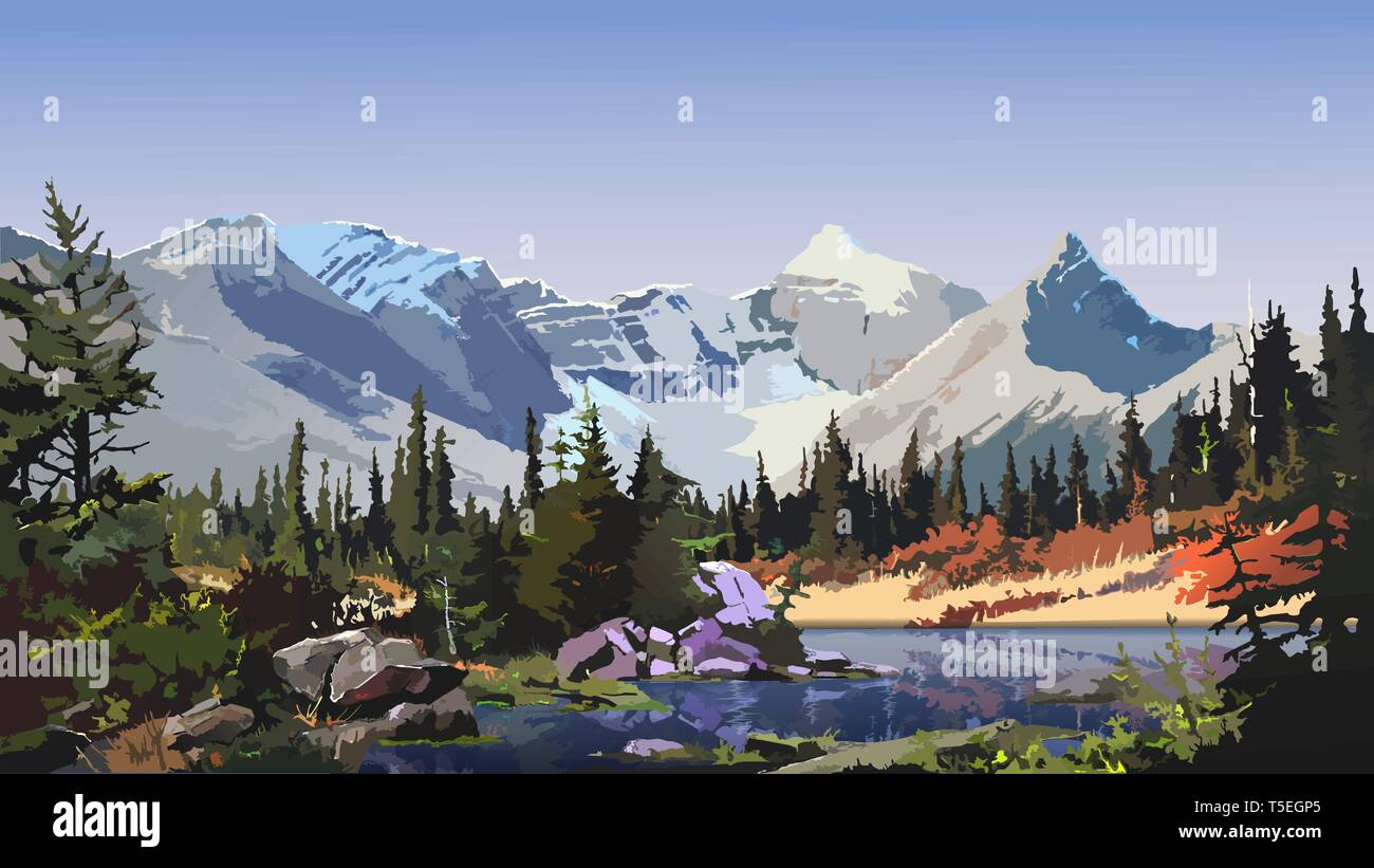 Paesaggio di montagna, un grande fiume che scorre attraverso le boscose colline all'alba. Illustrazione Vettoriale delle bellezze della natura incontaminata. Illustrazione Vettoriale