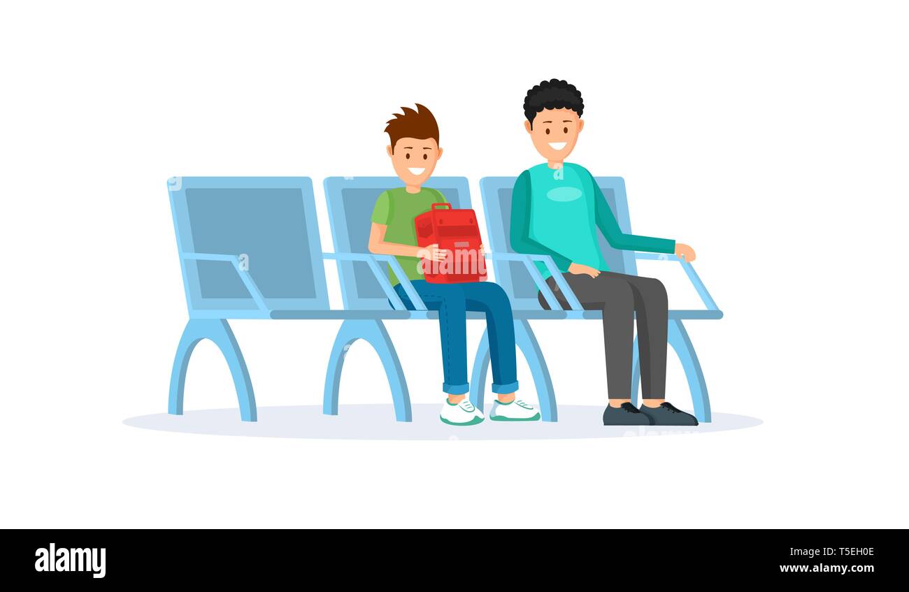 Passeggeri in aeroporto illustrazione piana. I personaggi dei cartoni animati seduti alla partenza lounge, sala attesa sedi clipart isolato. Padre e Figlio con zaino, sedia vuota elemento di design Illustrazione Vettoriale