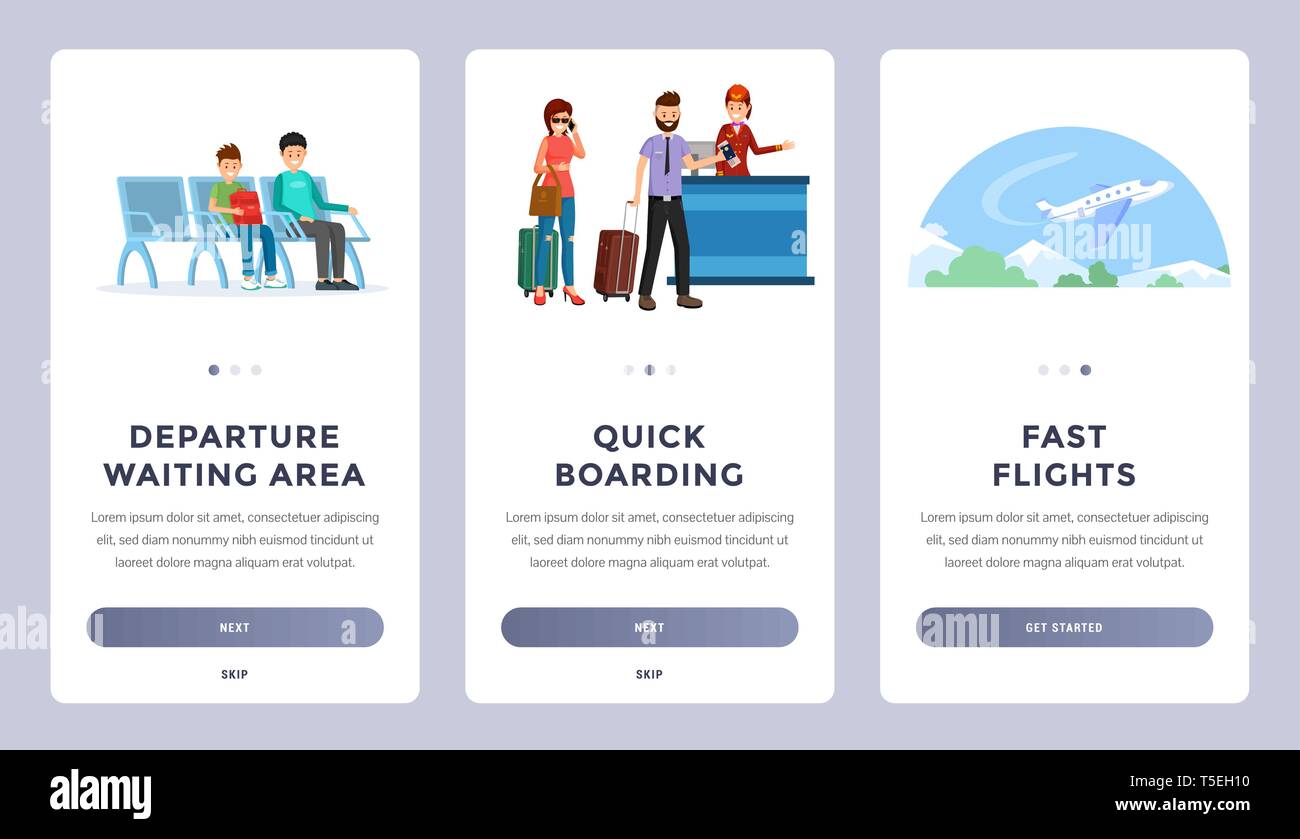 Le compagnie aeree di onboarding mobile app schermate serie. Viaggiando, agenzia turistica landing page template vettoriale pack. Partenza area di attesa, Quick Boarding, voli veloci pubblicità banner web disposizione piatta Illustrazione Vettoriale