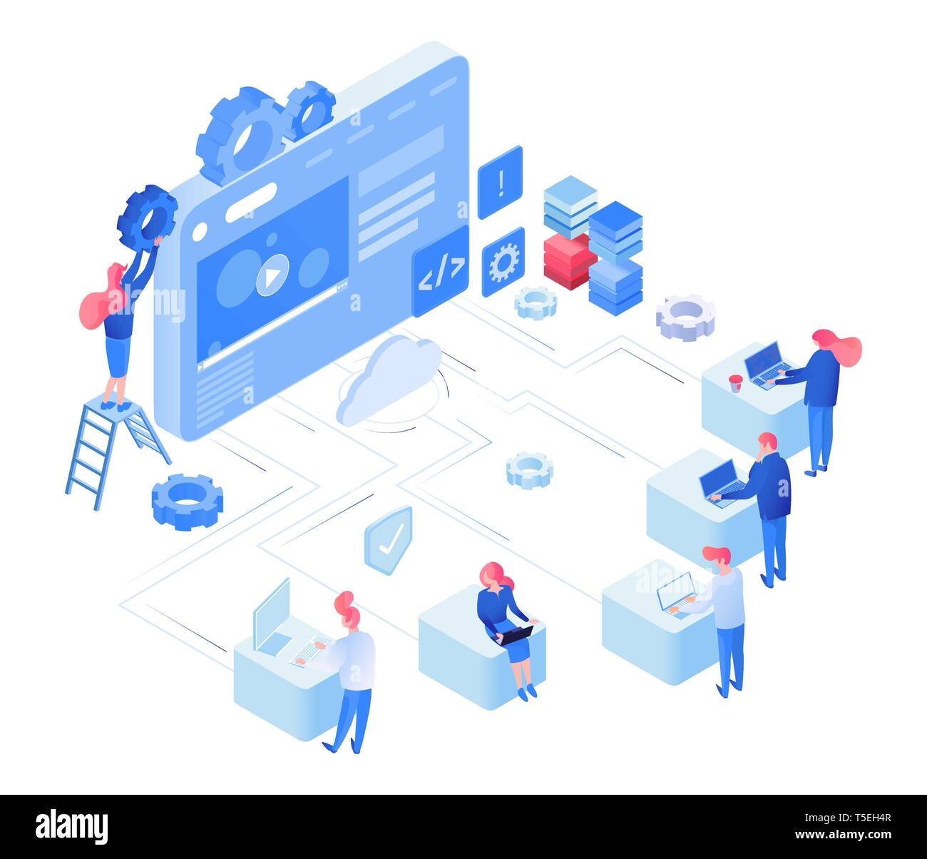 Sviluppo Web vettore concetto isometrica. I programmatori di codifica, gli sviluppatori software, gli operatori di marketing digitale flat caratteri. Web hosting, cloud computing e storage, iot isolato 3d'elemento di design Illustrazione Vettoriale