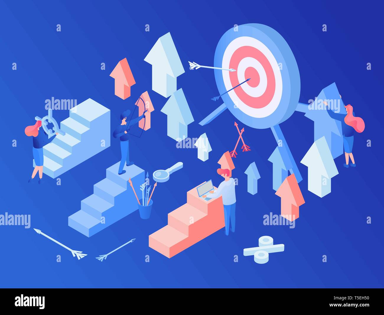 Il social media marketing strategia illustrazione isometrica. Indirizzare la pubblicità, la crescita delle vendite, conversioni del traffico crescente, SMM, SEO. Campagna promozionale analytics, metriche strumenti 3d concept Illustrazione Vettoriale