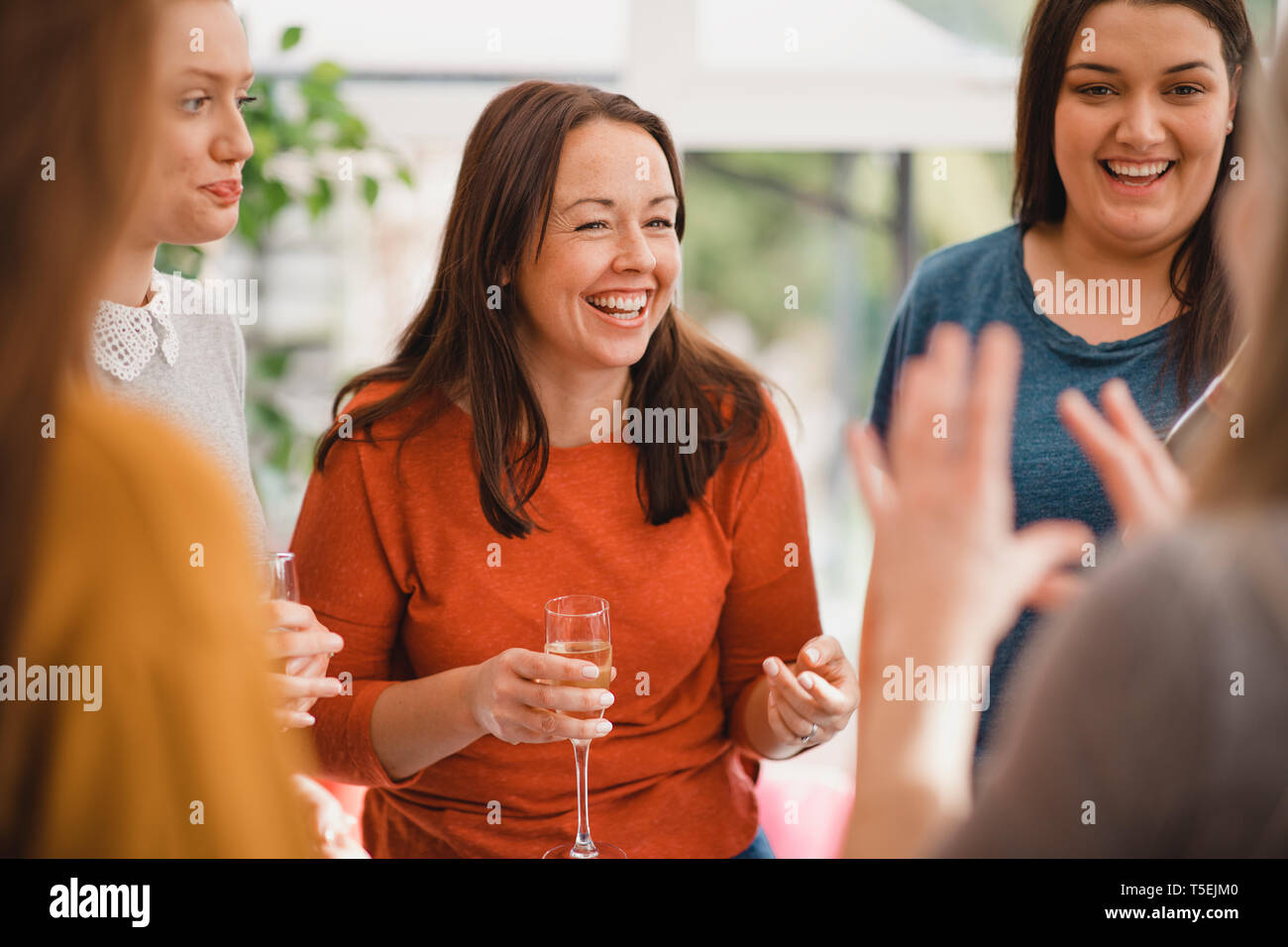 Piccolo gruppo di amici di sesso femminile che celebra in un house party. Essi stanno godendo un bicchiere di champagne, ridendo e sorridente. Foto Stock