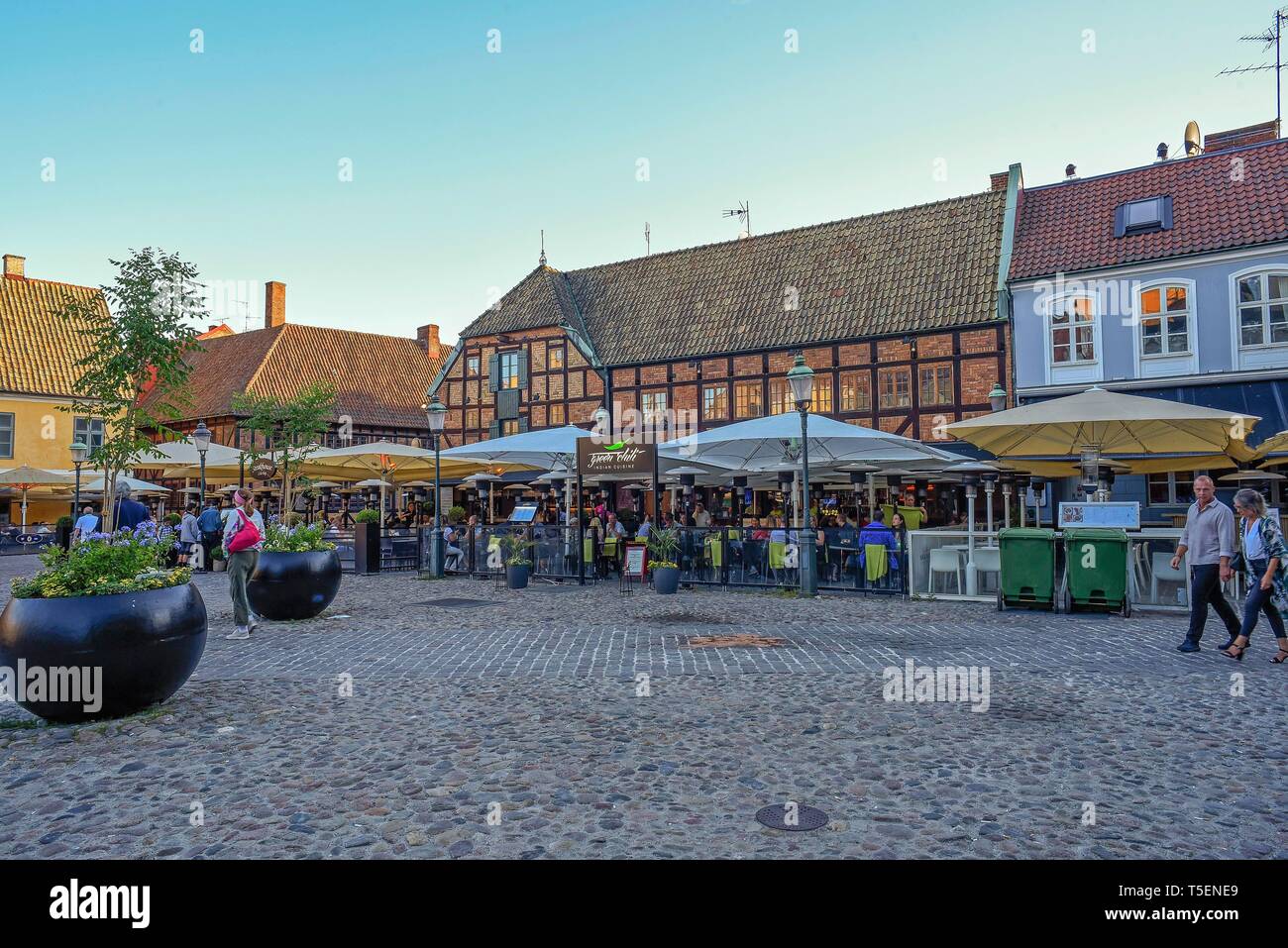 Storico di Malmo Lilla Torg piazza con ciottoli e circondato da antiche case. Essa ospita il giardino Hetmanska, una delle case più antiche dove si c Foto Stock