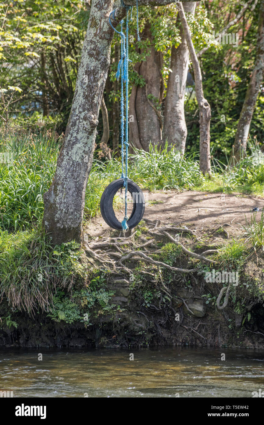 Tire Swing / albero oscillante da appendere una banca di fiume sopra l'acqua. Metafora i bambini a giocare, avventure all'aperto, durante le vacanze scolastiche. Foto Stock