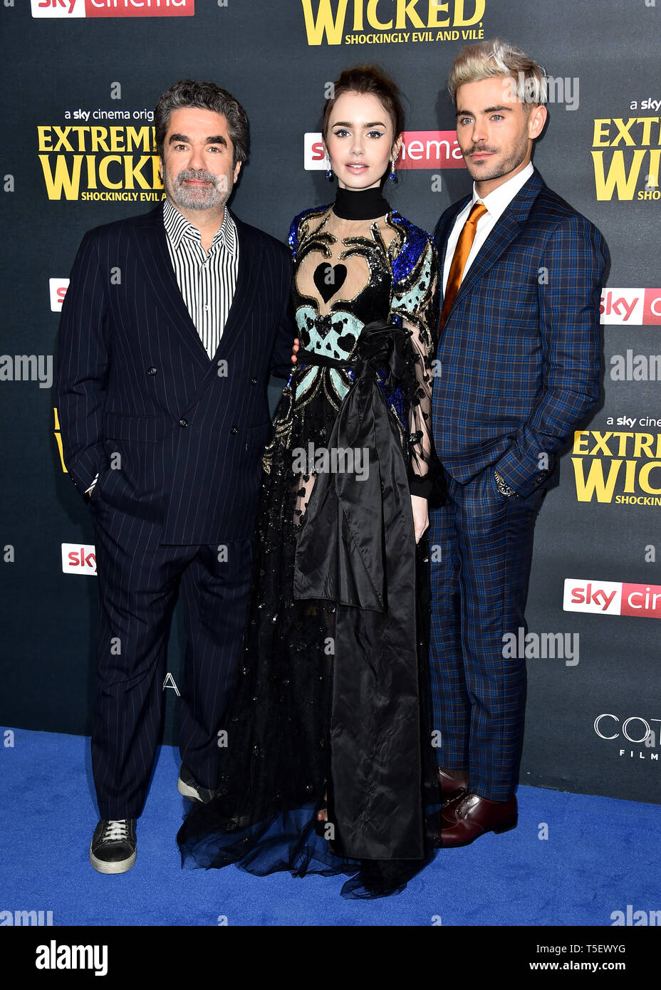 Joe Berlinger, Lily Collins e Zac Efron frequentando il estremamente malvagi, incredibilmente male e vile Premiere Europeo tenutosi presso il Curzon Mayfair, Londra. Foto Stock