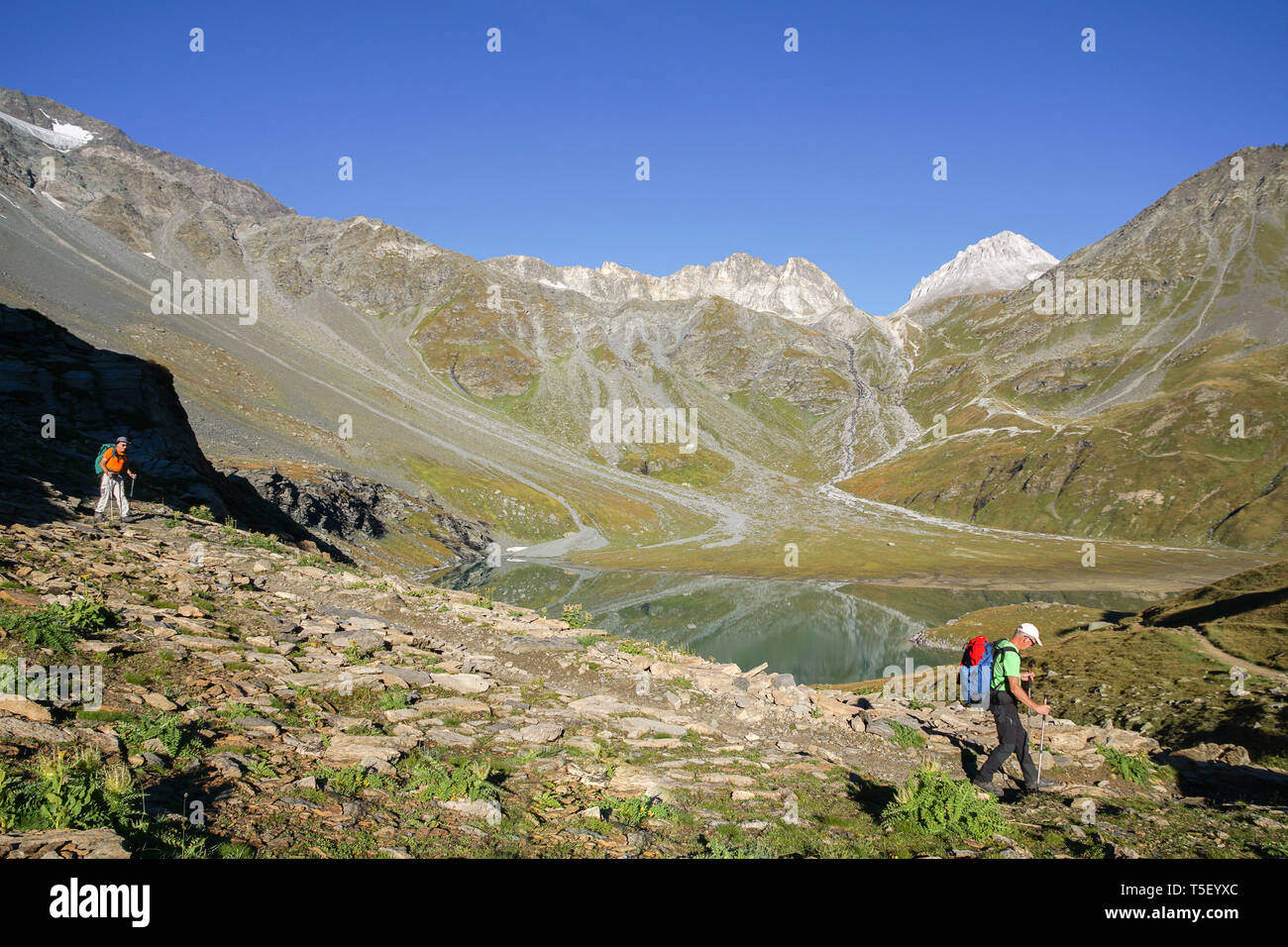 Pralognan La Vanoise (sud-est della Francia): gruppo di escursionisti nel Parco Nazionale della Vanoise. Gruppo di due uomini con zaini, walking e escursionismo g Foto Stock