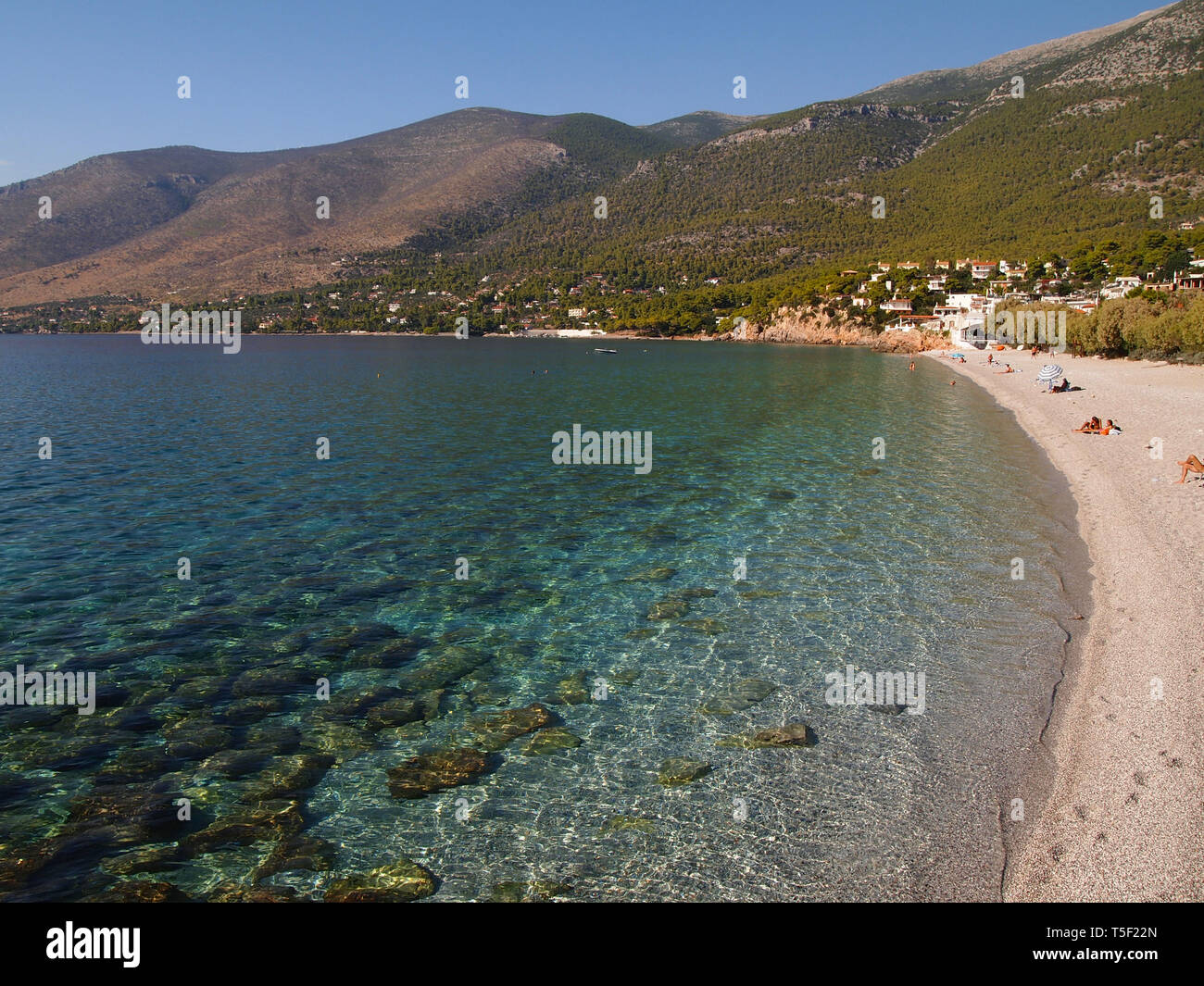 Pulire le acque turchesi di Porto Germeno Bay, prefettura di Attica, Grecia Foto Stock