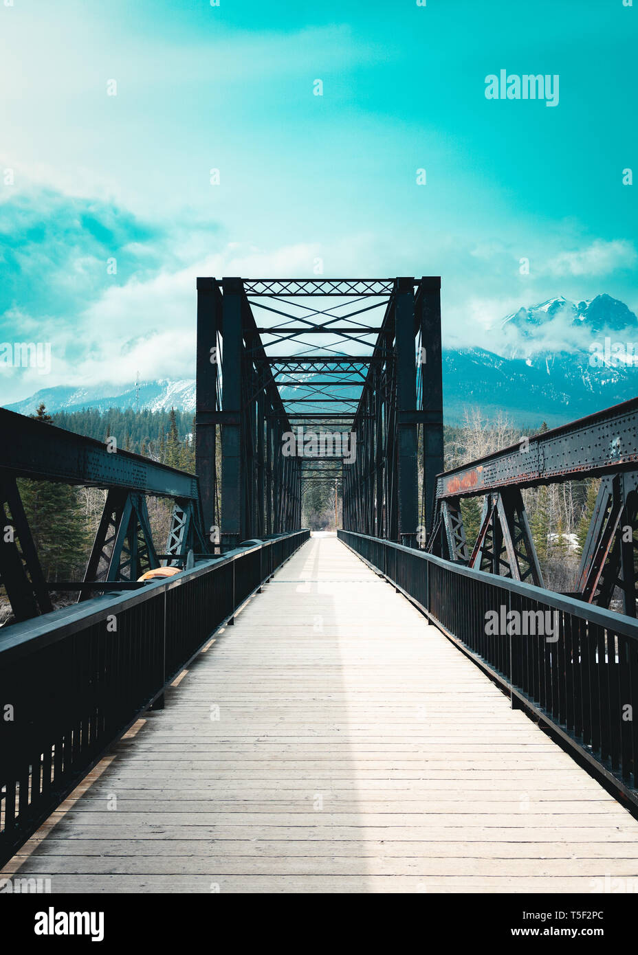 Storico motore Canmore Bridge è un ponte di travatura reticolare sopra il Fiume Bow nelle Montagne Rocciose Canadesi di Alberta. Il ponte è stato costruito dalla Canadian Pacific R Foto Stock