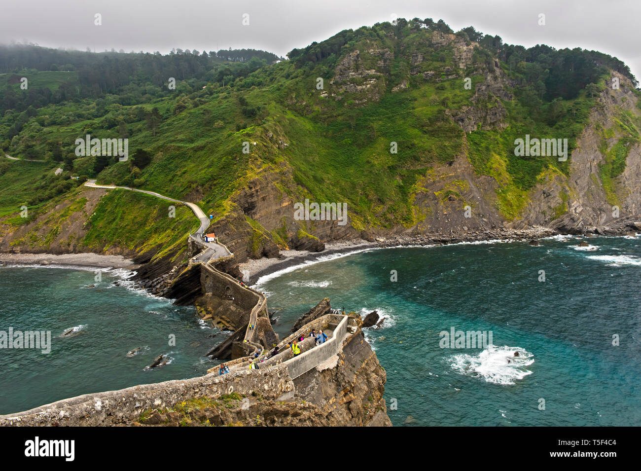 Cliff costa del golfo di Biscaglia di fronte l'isolotto Gaztelugatxe vicino a Bakio, Costa Vasca, Paese Basco, Spanien Foto Stock
