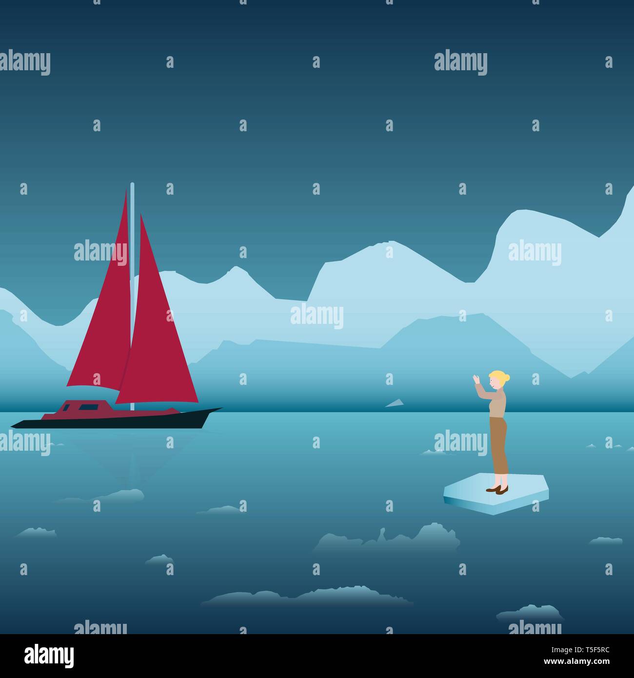 Donna su ghiaccio agitando per contribuire a una nave Illustrazione Vettoriale