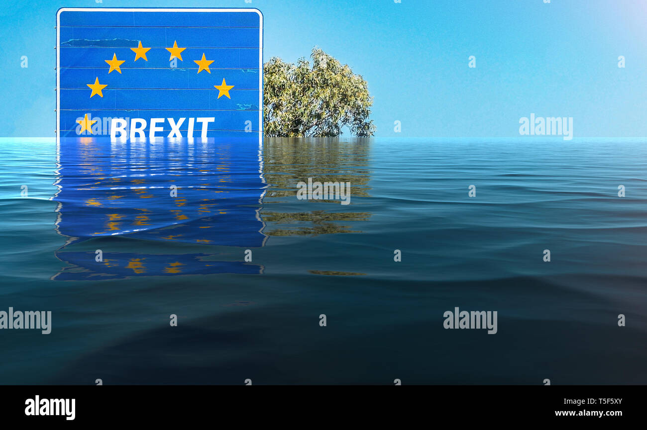 Manipolazione digitale concetto incrocio in uno Stato membro UE meno 1 star raffiguranti UK lasciando UE - Brexit. Rising sea-livelli rappresentano il cambiamento climatico Foto Stock