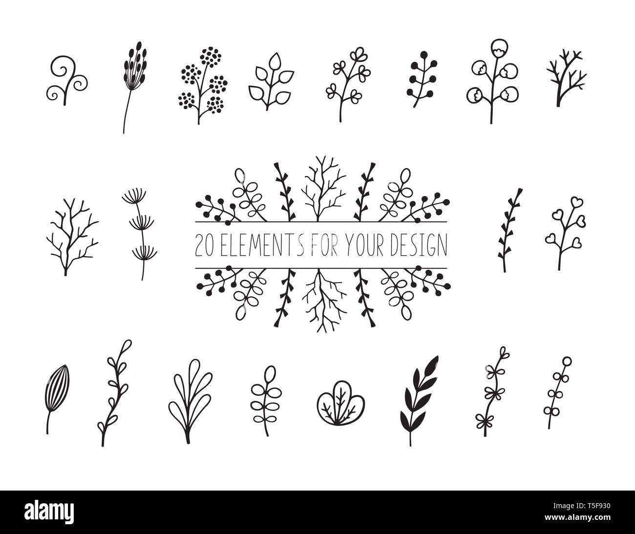 Floreali e set a base di erbe. Elementi botanici per la progettazione su uno sfondo bianco. Schizzo di ramo, Fogliame, foglie e bacche Illustrazione Vettoriale