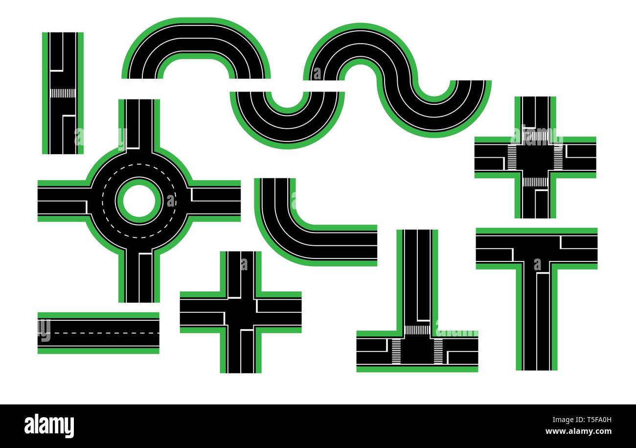 Set di elementi della strada con un cordolo di verde per la modellazione di infrastruttura di città, mappe o piste di gara, design piatto Illustrazione Vettoriale