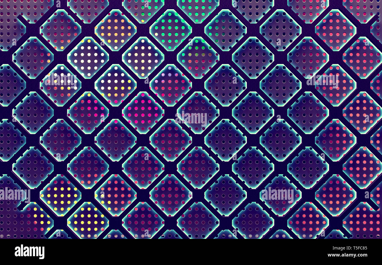 Pattern e fori nel materiale moderno.industriale e tecnologico.maglia e la superficie della griglia in spazio scuro.3d illustrazione Foto Stock