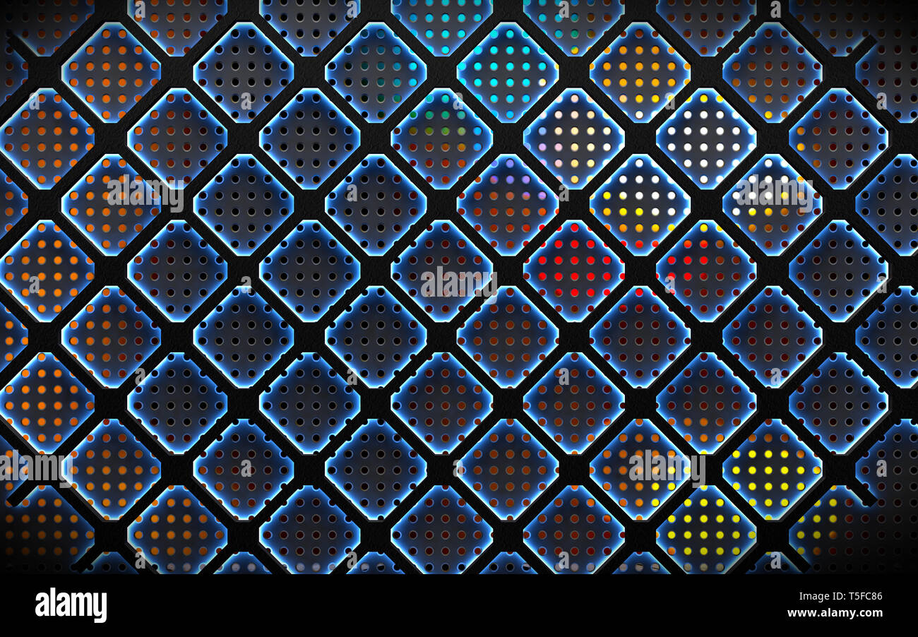 Pattern e fori nel materiale moderno.industriale e tecnologico.maglia e la superficie della griglia in spazio scuro.3d illustrazione Foto Stock