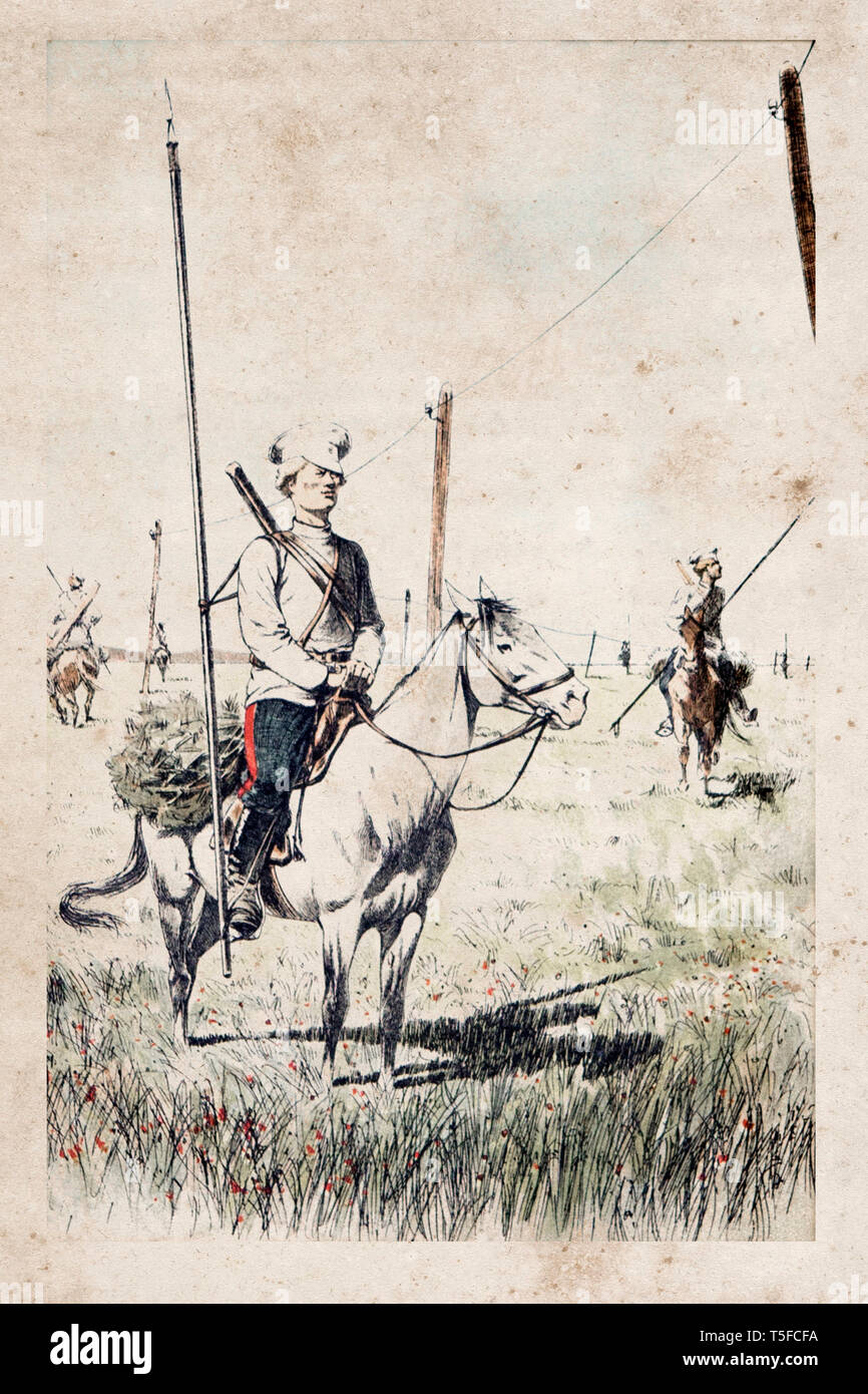 Il XIX secolo incisioni colorate dei Cosacchi montato con i lucci da un palo del telegrafo. Foto Stock