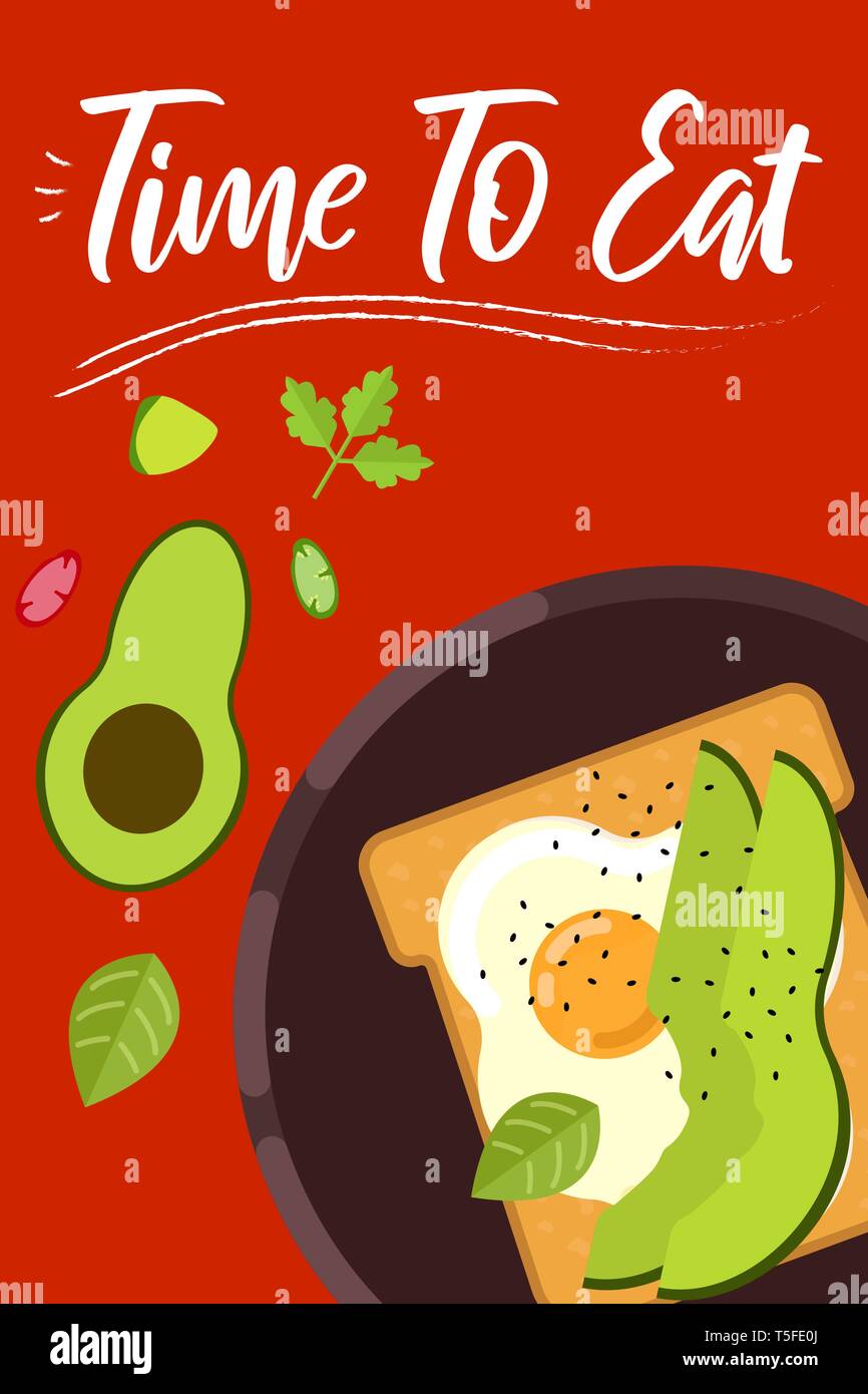 Il cibo della colazione su sfondo luminoso appartamento in stile design. Doodle elementi. Appartamento il cibo - uovo fritto, avocado, vegetali. Il tempo di mangiare. Illustrazione Vettoriale Illustrazione Vettoriale