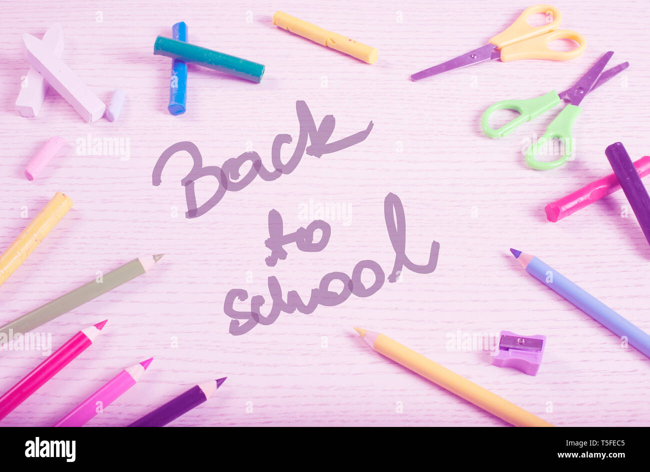 La scuola fornisce il telaio su bianco doga con "Si torna a scuola" testo e pastello rosa filtro. In stile retrò. Plastilina, gesso, affilatrice, spazzola, forbici, cr Foto Stock