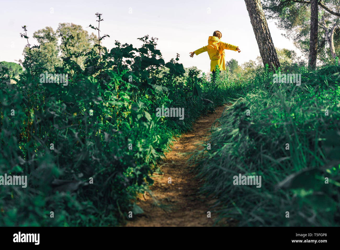 Vista posteriore di una ragazza che indossa un impermeabile giallo e giallo zaino in natura Foto Stock