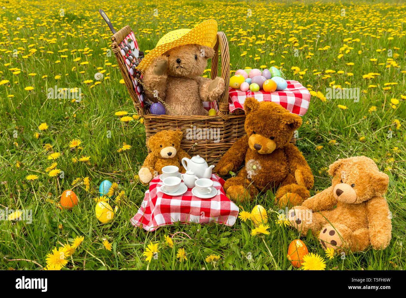 Teddy Bear's picnic con colore giallo brillante di tarassaco e rosso Gingham tovaglia. Concetto: felice, all'aperto, la natura, i bambini. Paesaggio, spazio per la copia Foto Stock