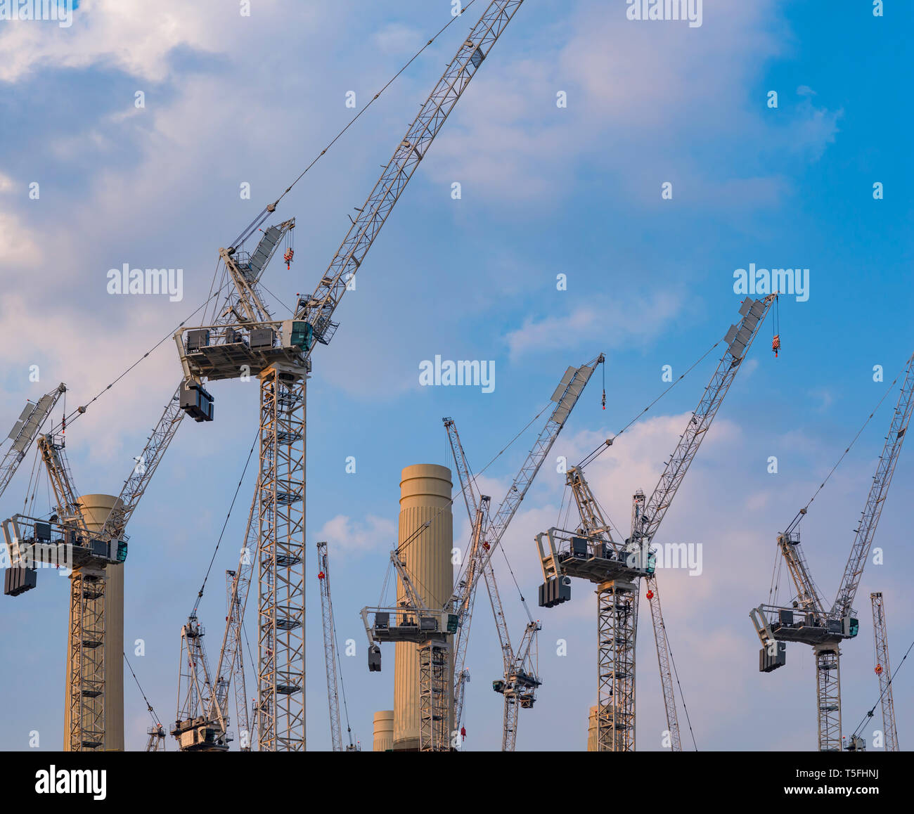 Gruppo di gru a torre su un sito in costruzione Foto Stock