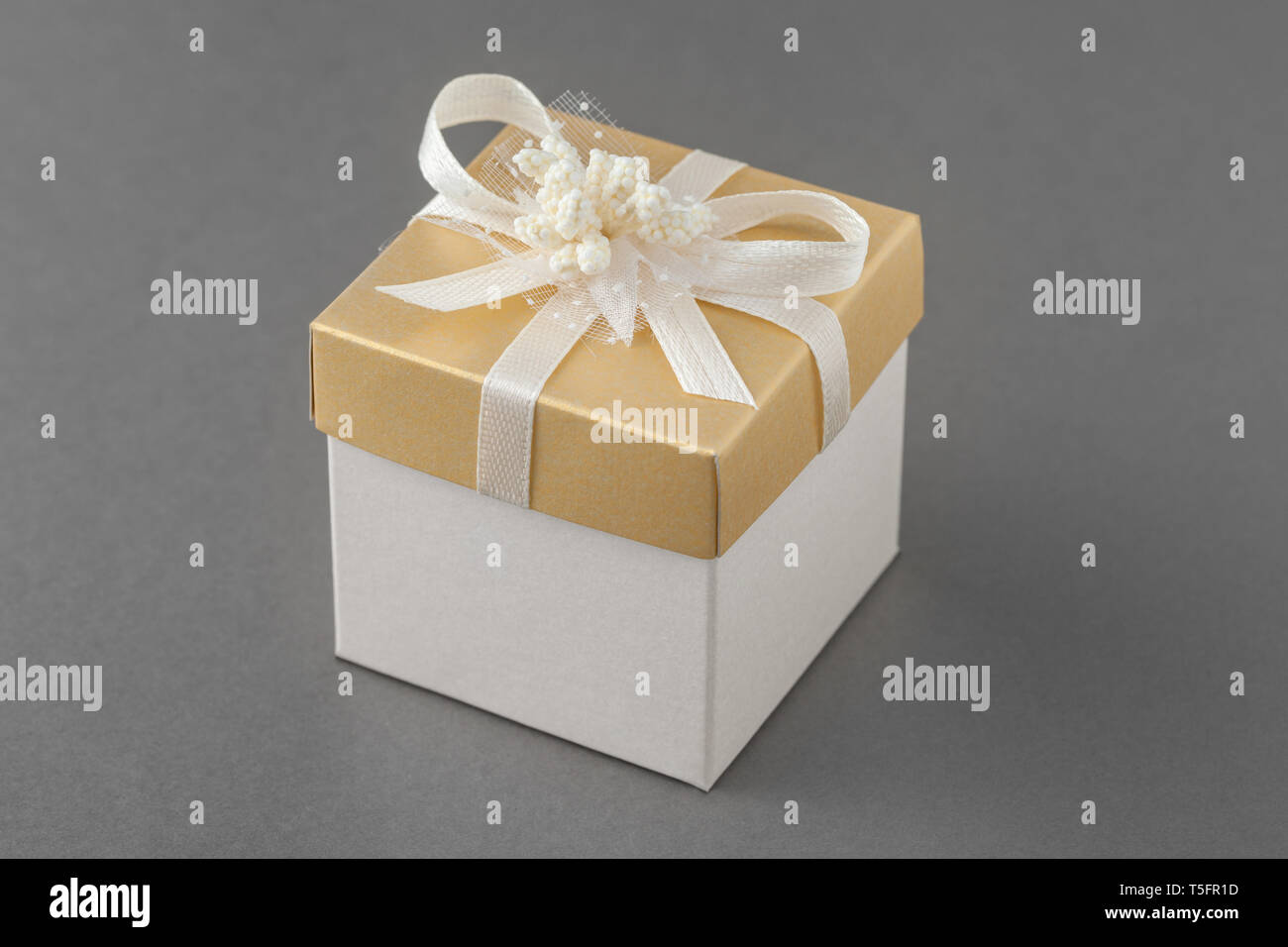 Confezione regalo con fiocco su sfondo grigio. Foto Stock