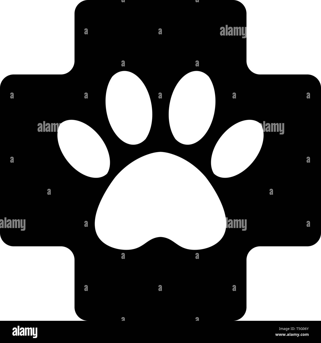 Farmacia veterinaria segno. croce nera con zampa cure veterinarie icona di simbolo. Illustrazione Vettoriale