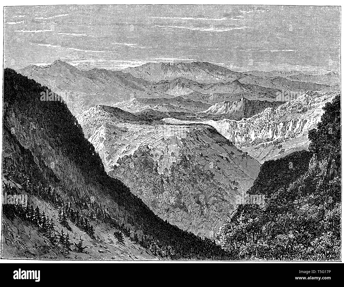 Montagne di Mahaban (l'antica Aornos, all'indos superiore). Dopo G. Lejean, "Voyage dans le Pandjab', Foto Stock