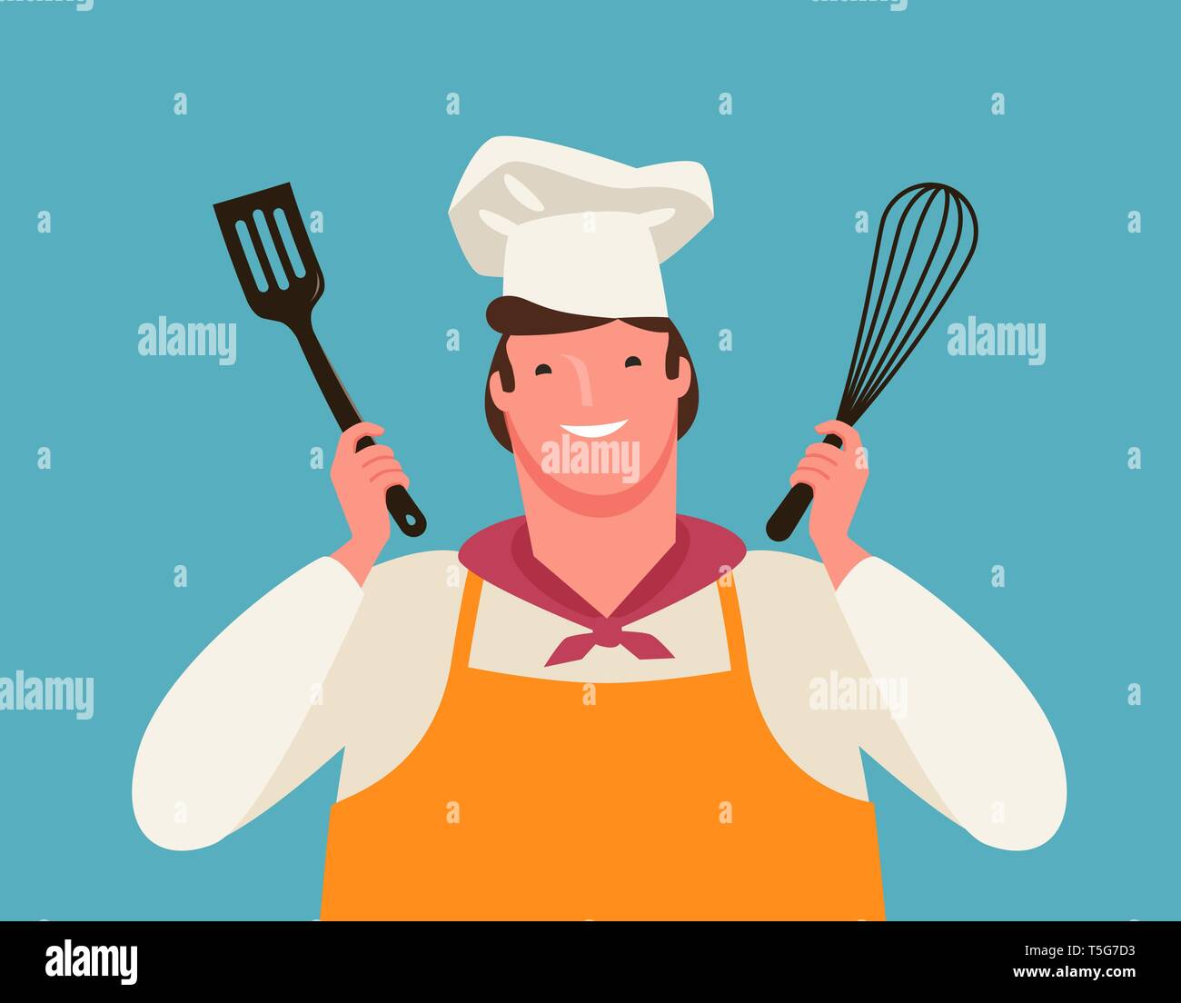 Lo chef felice con utensili da cucina nelle sue mani. La cottura, illustrazione vettoriale Illustrazione Vettoriale